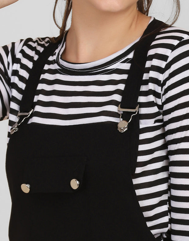 Black Striped Short Dungaree Dress with Top-2558