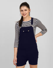 Navy Blue Striped Short Dungaree Dress with Top-2559