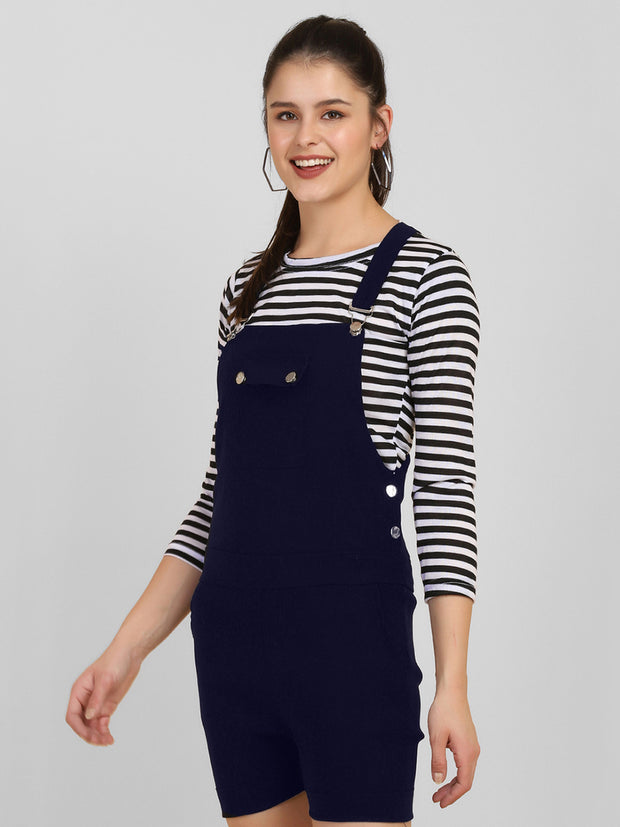 Navy Blue Striped Short Dungaree Dress with Top-2559