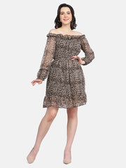 Brown Off-Shoulder Leopard Print Women Dress-2950