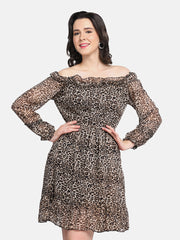 Brown Off-Shoulder Leopard Print Women Dress-2950