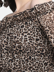 Brown Off-Shoulder Leopard Print Women Dress-2950