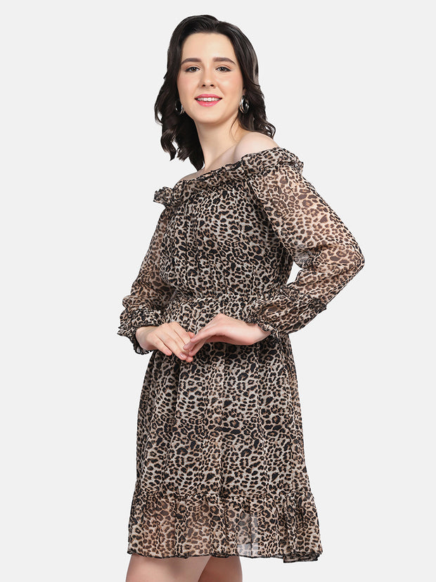 Brown Off-Shoulder Leopard Print Women Dress-2950