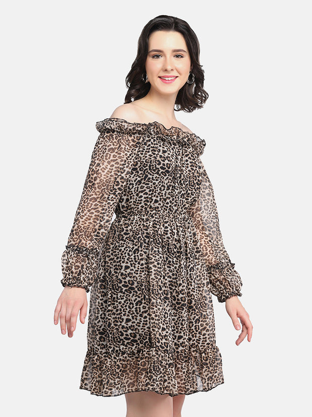 Brown Off-Shoulder Leopard Print Women Dress-2950