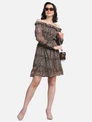 Brown Off-Shoulder Leopard Print Women Dress-2950