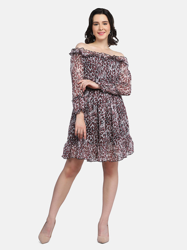 Light Brown Off-Shoulder Leopard Print Women Dress-2949