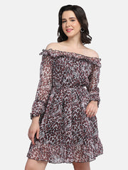 Light Brown Off-Shoulder Leopard Print Women Dress-2949