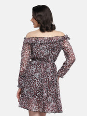 Light Brown Off-Shoulder Leopard Print Women Dress-2949