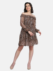 Dark Brown Off-Shoulder Leopard Print Women Dress-2948