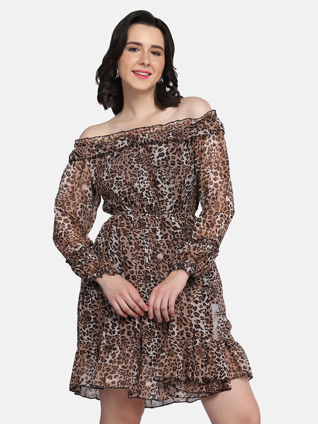 Dark Brown Off-Shoulder Leopard Print Women Dress-2948