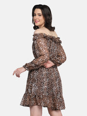 Dark Brown Off-Shoulder Leopard Print Women Dress-2948