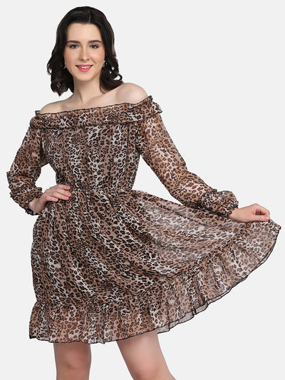 Dark Brown Off-Shoulder Leopard Print Women Dress-2948