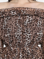 Dark Brown Off-Shoulder Leopard Print Women Dress-2948