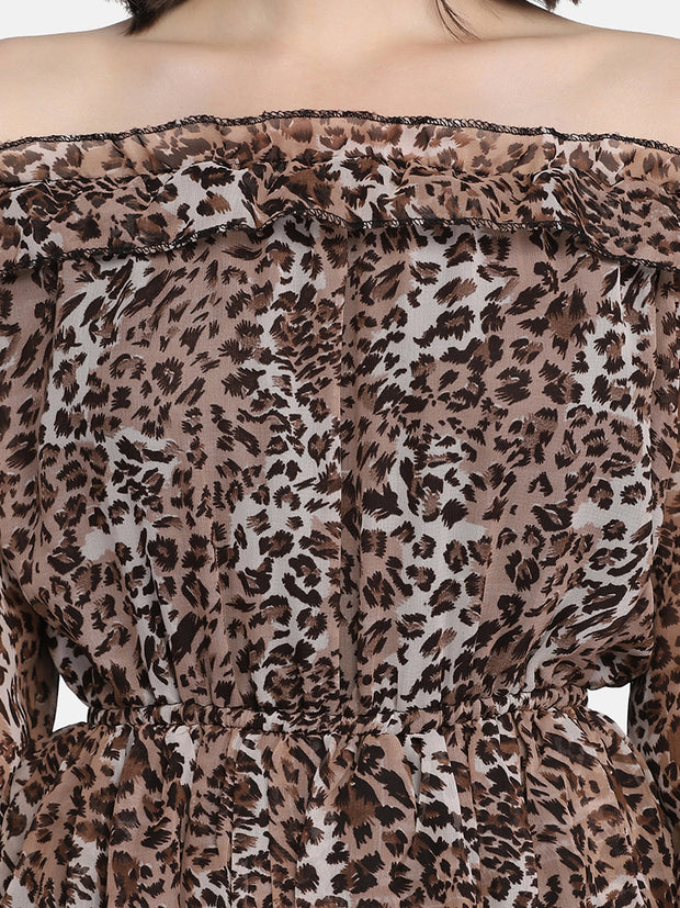 Dark Brown Off-Shoulder Leopard Print Women Dress-2948