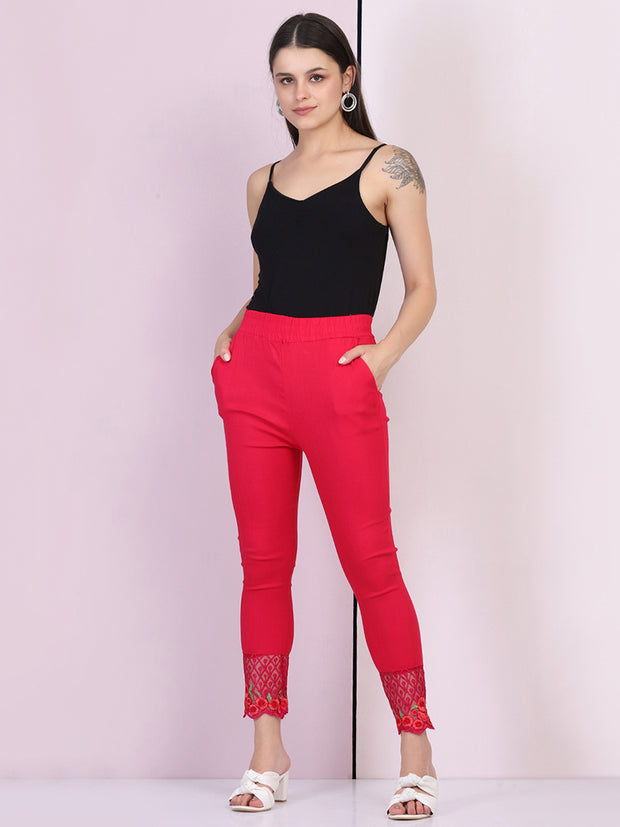 Pink Cotton Stretch Legging with Lace Detail-2646