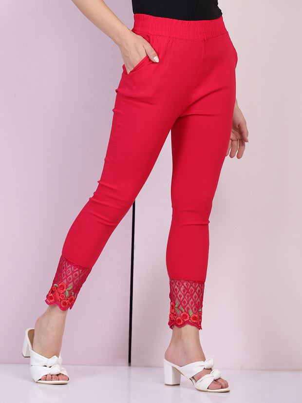 Pink Cotton Stretch Legging with Lace Detail-2646