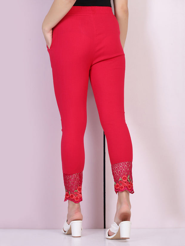 Pink Cotton Stretch Legging with Lace Detail-2646