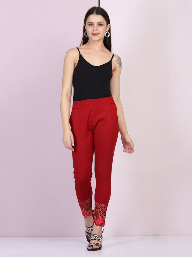 Maroon Cotton Stretch Legging with Lace Detail-2649