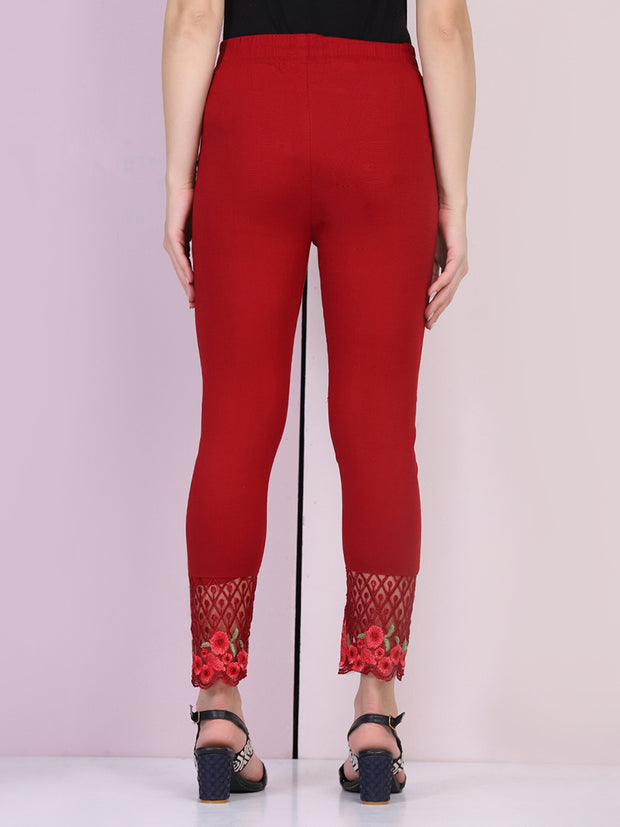 Maroon Cotton Stretch Legging with Lace Detail-2649