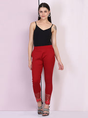 Maroon Cotton Stretch Legging with Lace Detail-2649