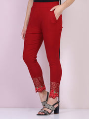 Maroon Cotton Stretch Legging with Lace Detail-2649