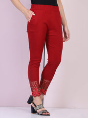 Maroon Cotton Stretch Legging with Lace Detail-2649