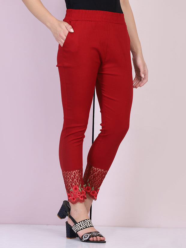 Maroon Cotton Stretch Legging with Lace Detail-2649