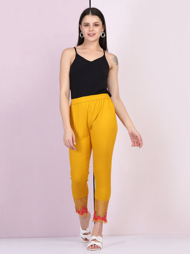 Yellow Cotton Stretch Legging with Lace Detail-2647