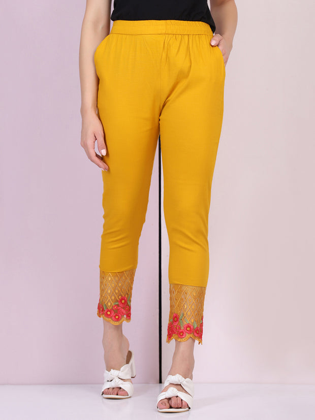 Yellow Cotton Stretch Legging with Lace Detail-2647