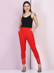 Red Cotton Stretch Legging with Lace Detail-2651