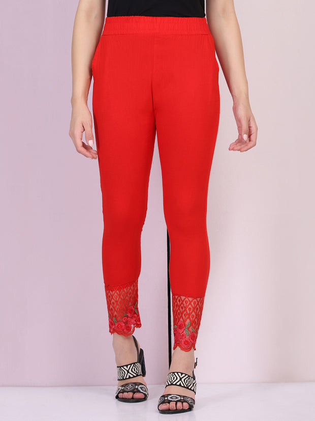 Red Cotton Stretch Legging with Lace Detail-2651