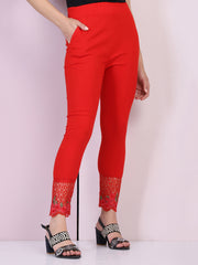 Red Cotton Stretch Legging with Lace Detail-2651