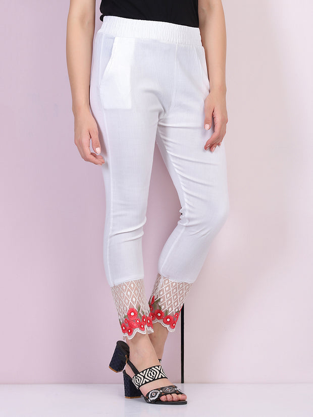White Cotton Stretch Legging with Lace Detail-2652