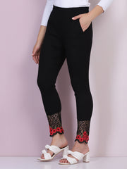 Black Cotton Stretch Legging with Lace Detail-2648