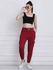 Maroon Twill Lycra Women Cargo Pant-2781