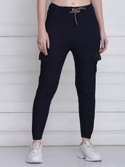 Navy Twill Lycra Women Cargo Pant-2782