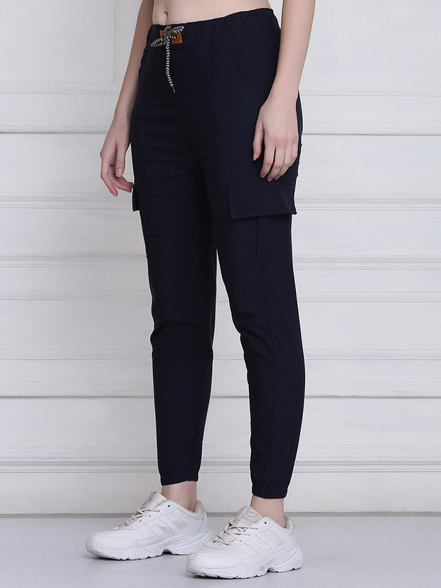 Navy Twill Lycra Women Cargo Pant-2782