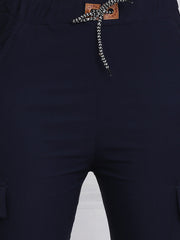 Navy Twill Lycra Women Cargo Pant-2782