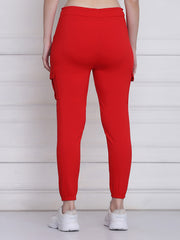 Red Twill Lycra Women Cargo Pant-2783