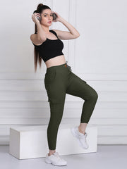 Dark Green Twill Lycra Women Cargo Pant-2784