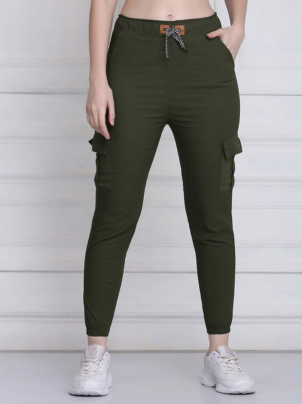 Dark Green Twill Lycra Women Cargo Pant-2784