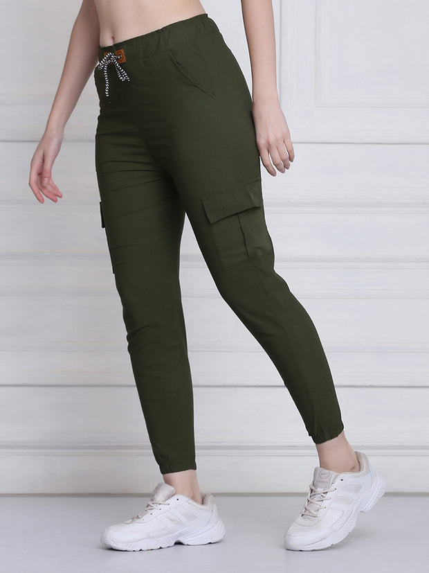 Dark Green Twill Lycra Women Cargo Pant-2784