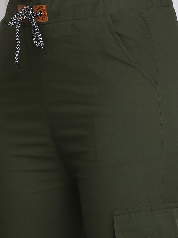 Dark Green Twill Lycra Women Cargo Pant-2784