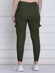 Dark Green Twill Lycra Women Cargo Pant-2784