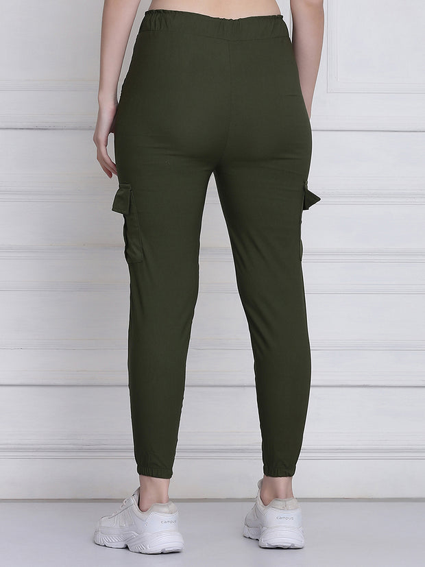 Dark Green Twill Lycra Women Cargo Pant-2784