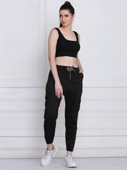 Black Twill Lycra Women Cargo Pant-2785