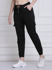 Black Twill Lycra Women Cargo Pant-2785