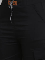 Black Twill Lycra Women Cargo Pant-2785