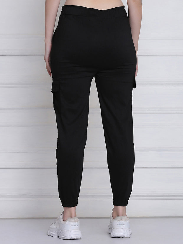 Black Twill Lycra Women Cargo Pant-2785