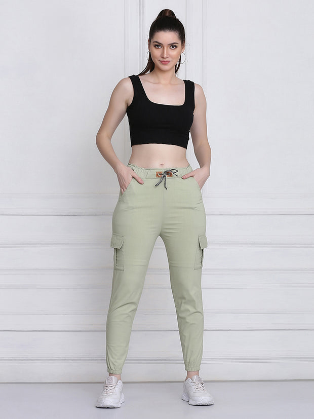 Light Green Twill Lycra Women Cargo Pant-2786